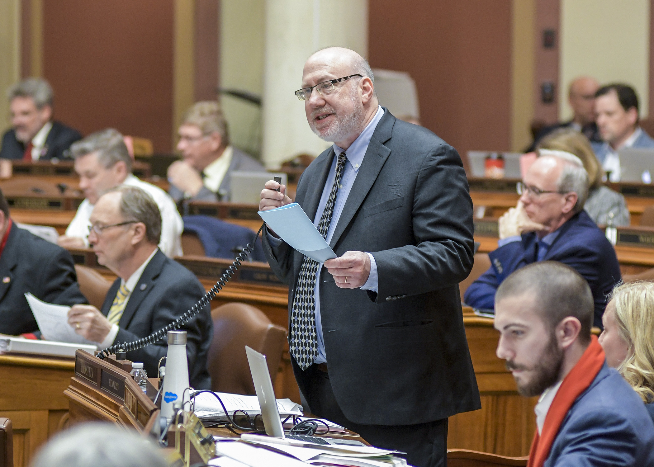 Rep. Frank Hornstein, chair of the House Transportation Finance and Policy Division, presents the omnibus transportation finance bill on the House Floor April 26. Photo by Andrew VonBank